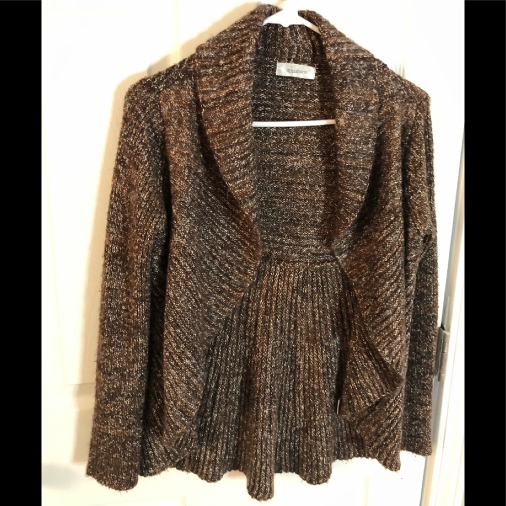 Dressbarn Swing-Hem Open-Front Cardigan, Brown/Cream Knit, Women’s Medium
